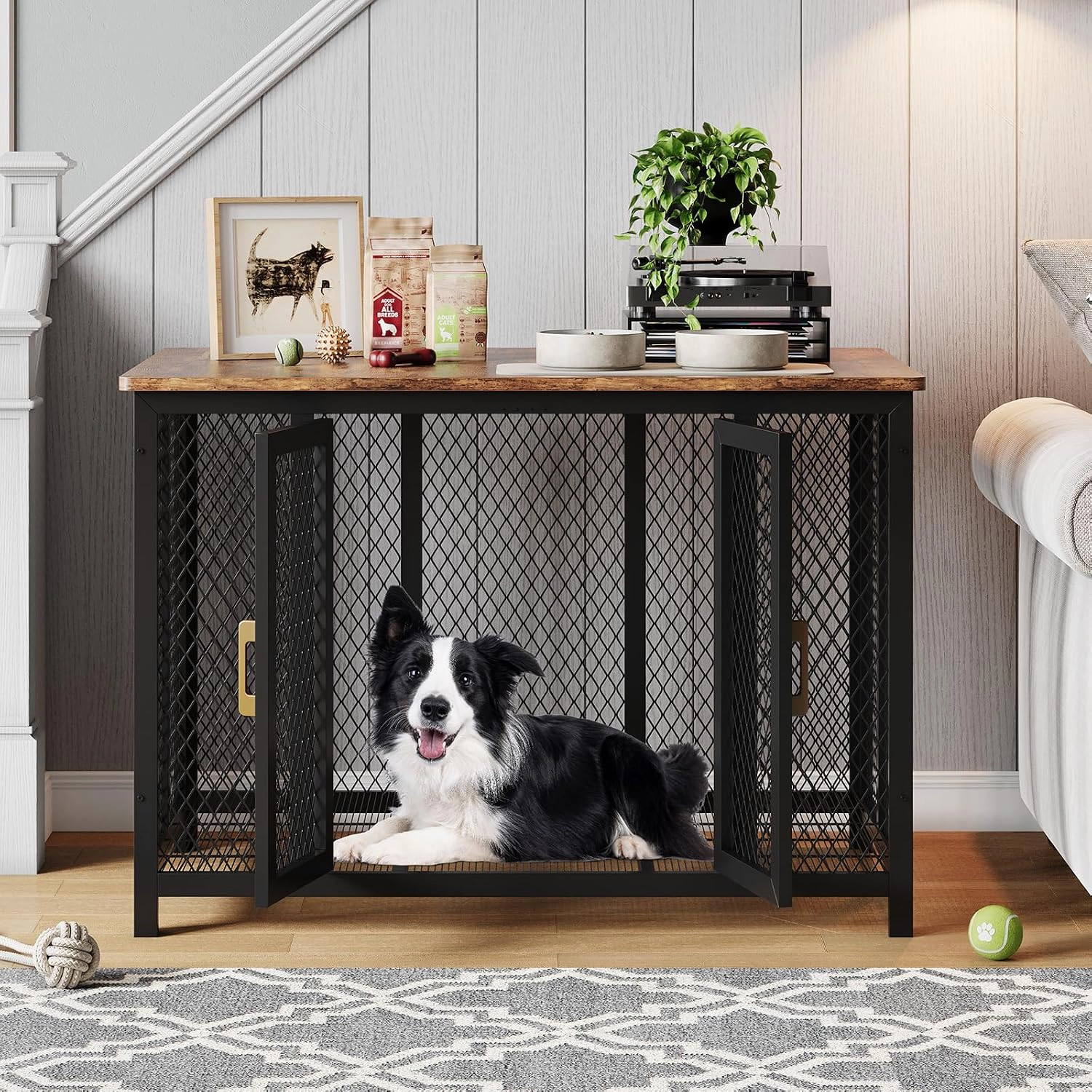 Multi-Door Ironwood Dog Crate Furniture, Heavy-Duty Stylish Pet Kennel for Large Dogs
