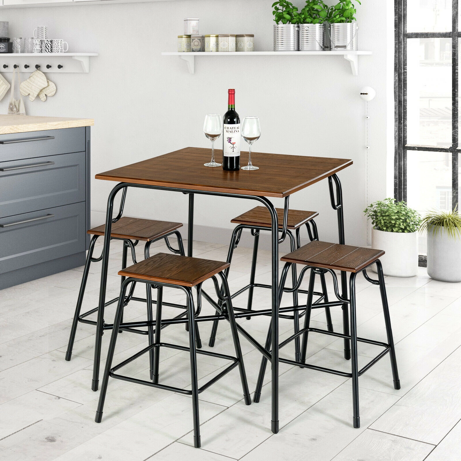 SUGIFT Rustic Brown 4 Counter Height Backless Stools 5-Piece Bar Table Set