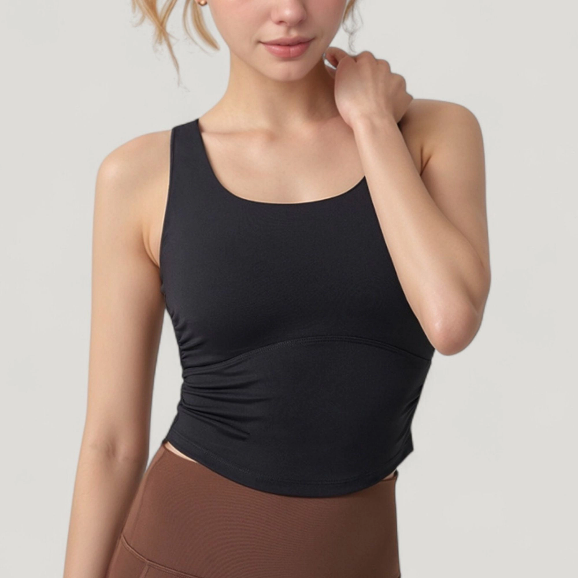 Anna-Kaci Women's Scoop Neck Cropped Tank Top with Strappy Cutout Back and Ruched Side Detailing