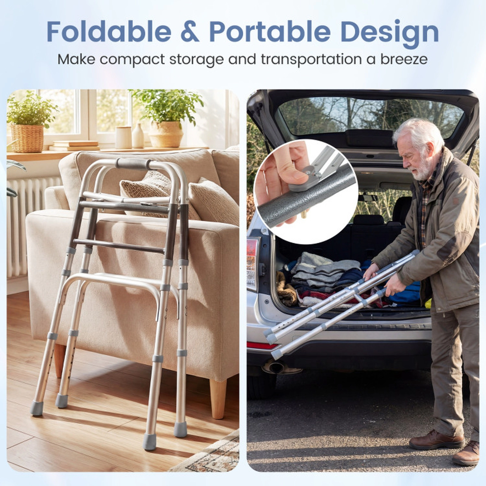 SUGIFT Lightweight 2-Button Folding Walker with 7-Level Adjustable Height 350-Lb Capacity 5.5-Lb Frame Silver
