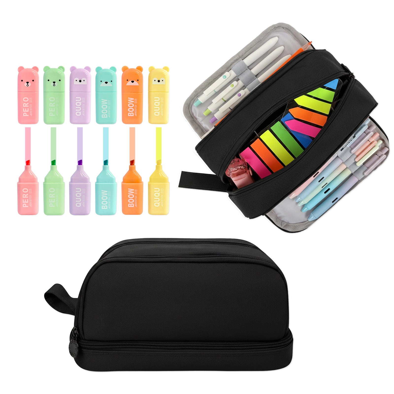 Wrapables 4-Compartment Pencil Case Set with Colorful Bear Highlighters, Black