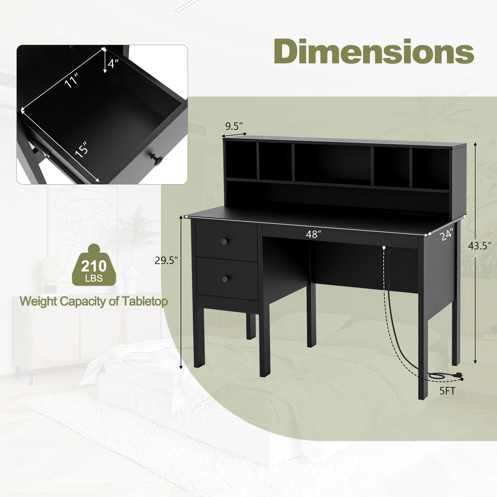 SUGIFT 48-Inch Black Computer Gaming Desk with 2 Drawers, 5 Shelves and USB Ports