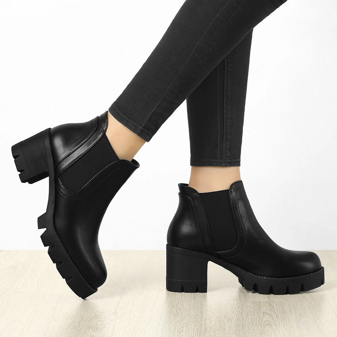BLISSFUL STEP Women Lug Sole Chunky Heel Chelsea Ankle Boots