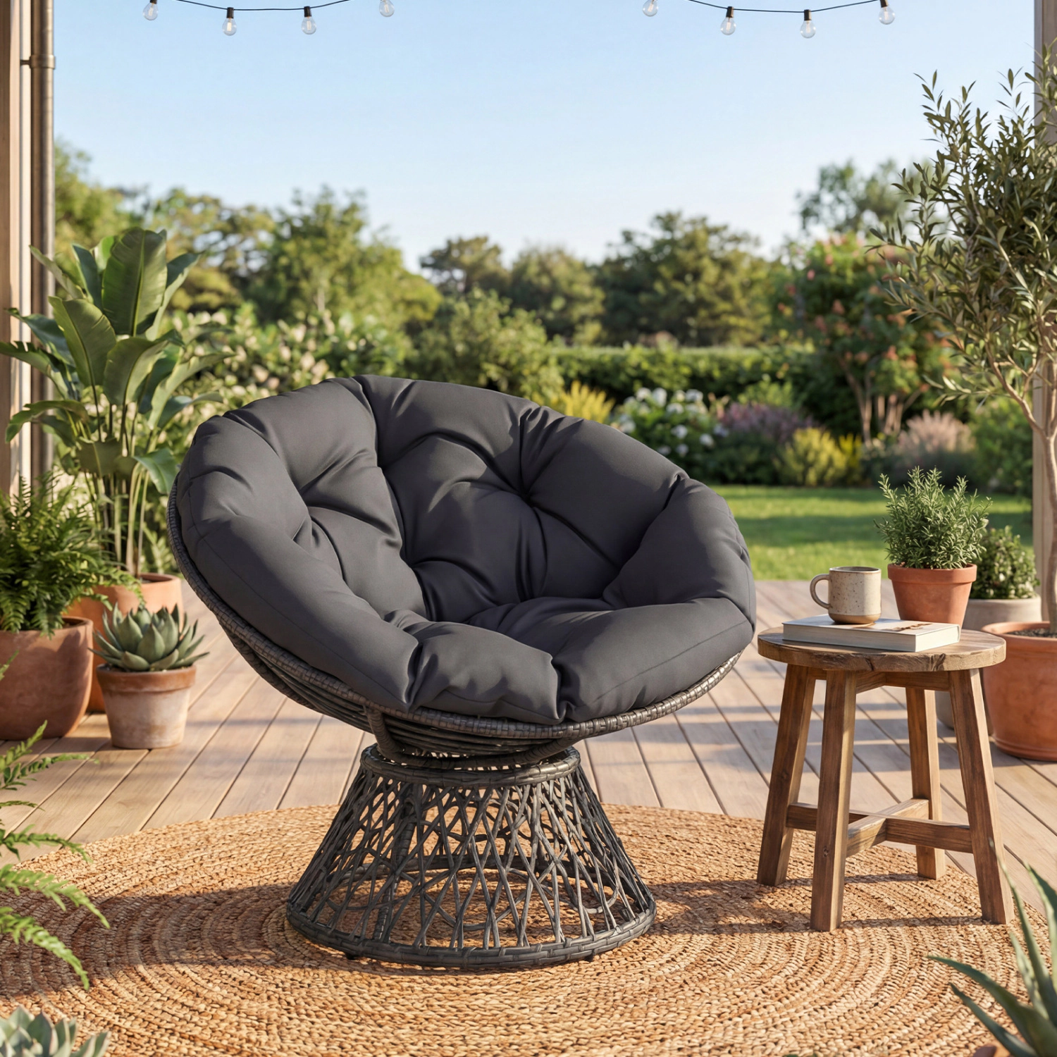 LJG Swivel Papasan Chair Round Wicker Lounge with Thick Cushion