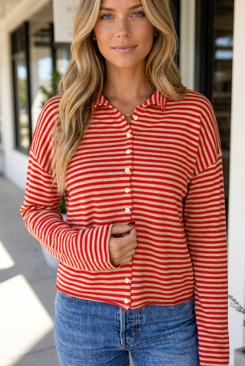 Threaded Pear Morgan Striped Long-Sleeve Knit Cardigan