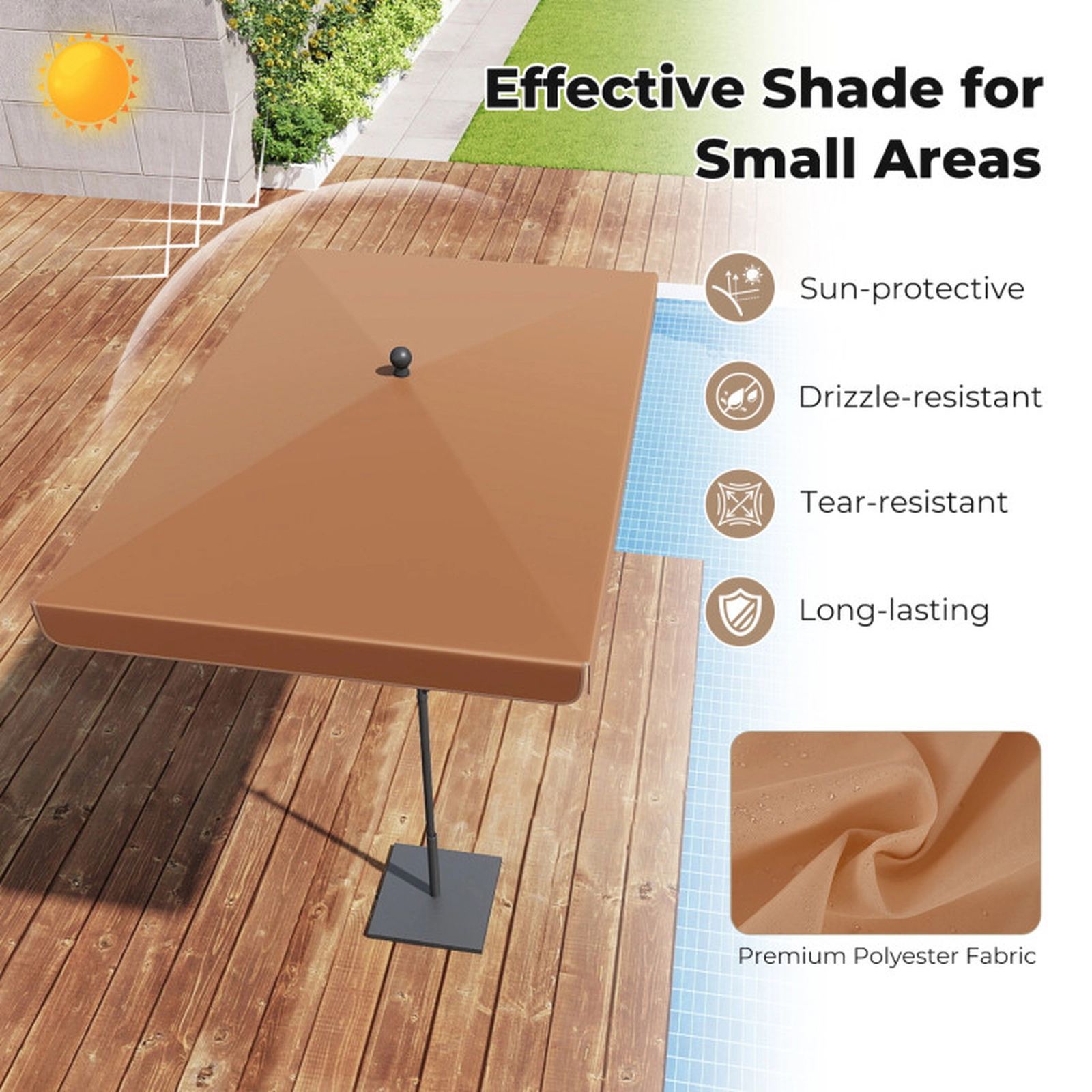 SUGIFT Rectangular Outdoor Balcony Umbrella with Push Button Tilt 6-lb Net Weight Brown with Carrying Bag