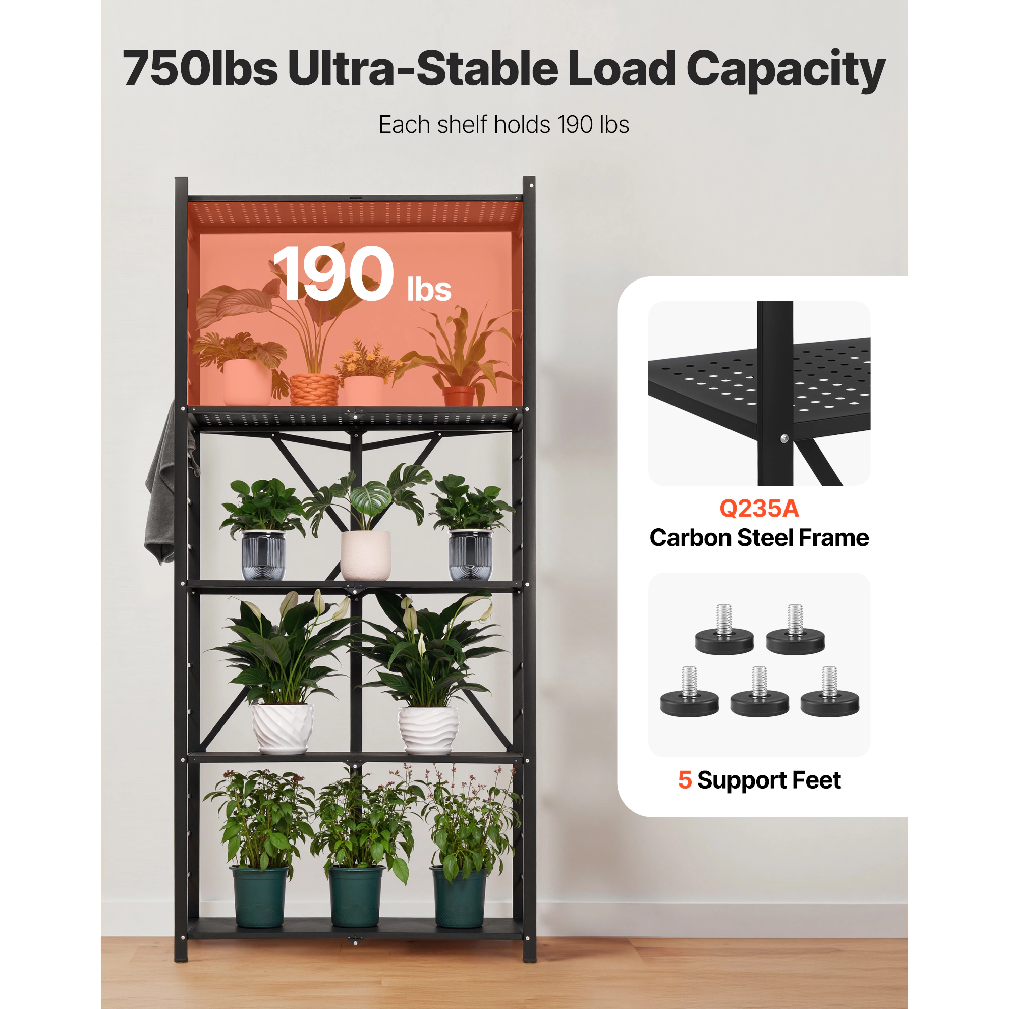 HONGGE Foldable Storage Shelf Folding Metal Rack Shelving Unit No Assembly Organizer Shelf with 5 Wheels & 4 Hooks for
