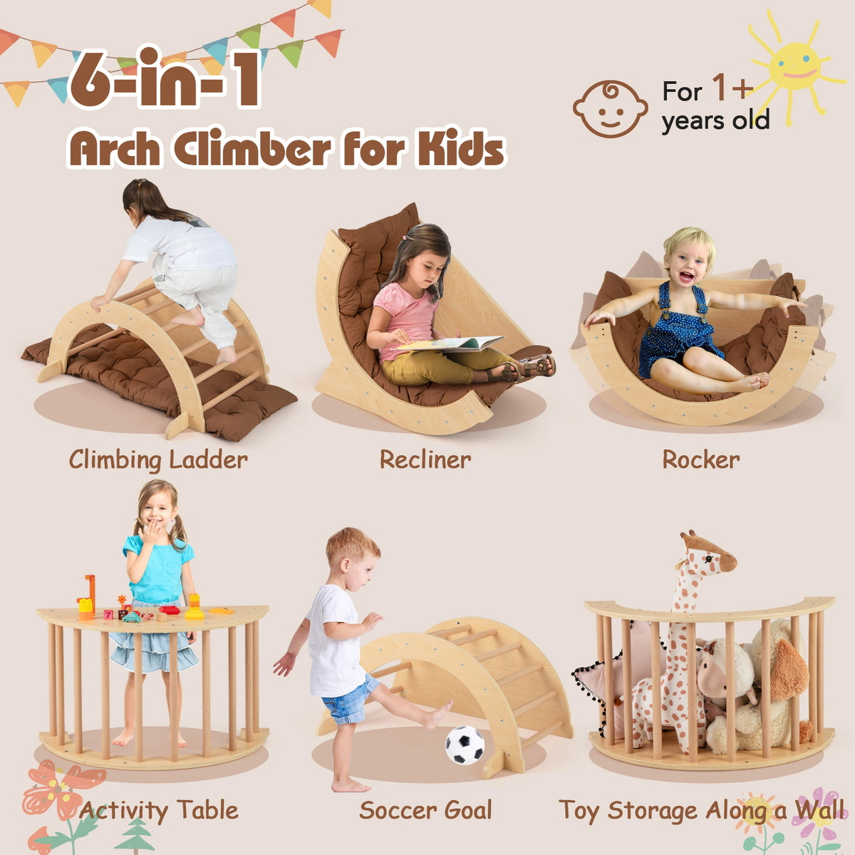 SUGIFT Montessori Kids Climbing Arch Rocker with Cushion 110-lb Capacity Ages 1+ 31.5-in Frame Coffee Beige Natural