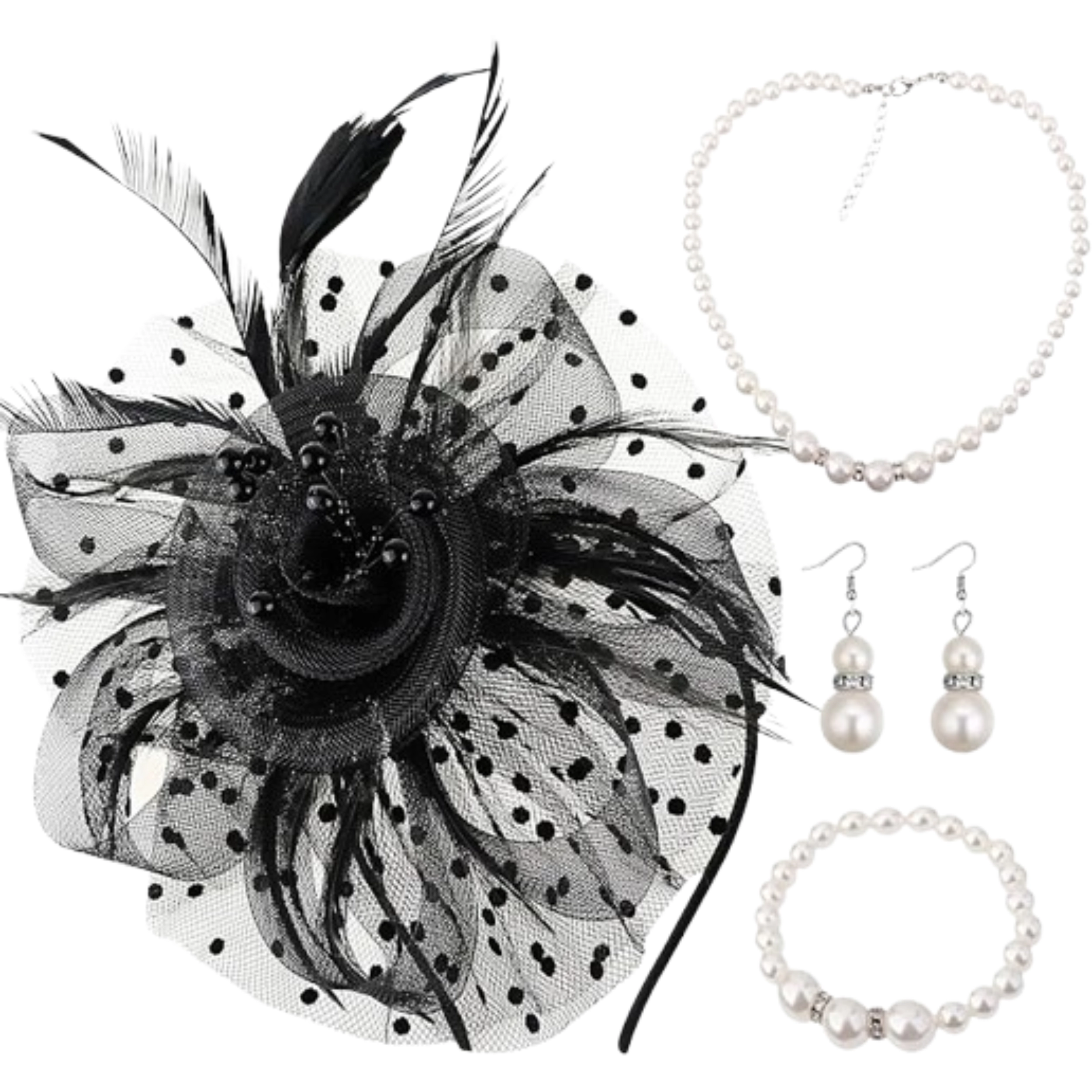 SS Design Fascinator Derby Hat Flower Mesh Feather Black Set