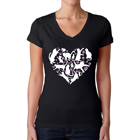 LA Pop Art Womens Word Art V-Neck T-Shirt - Cat Heart