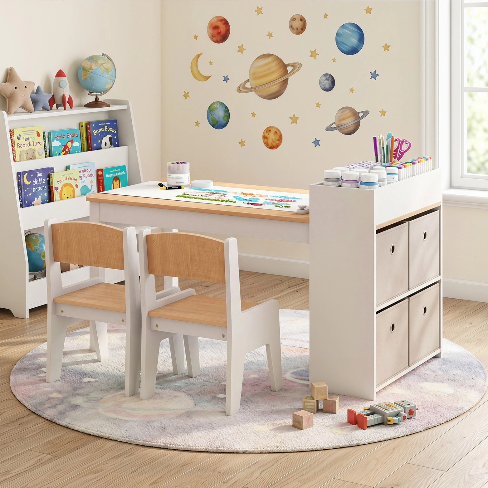 SUGIFT Kids Art Table and Chairs Set, Natural, 2 Chairs, Paper Roll and Storage