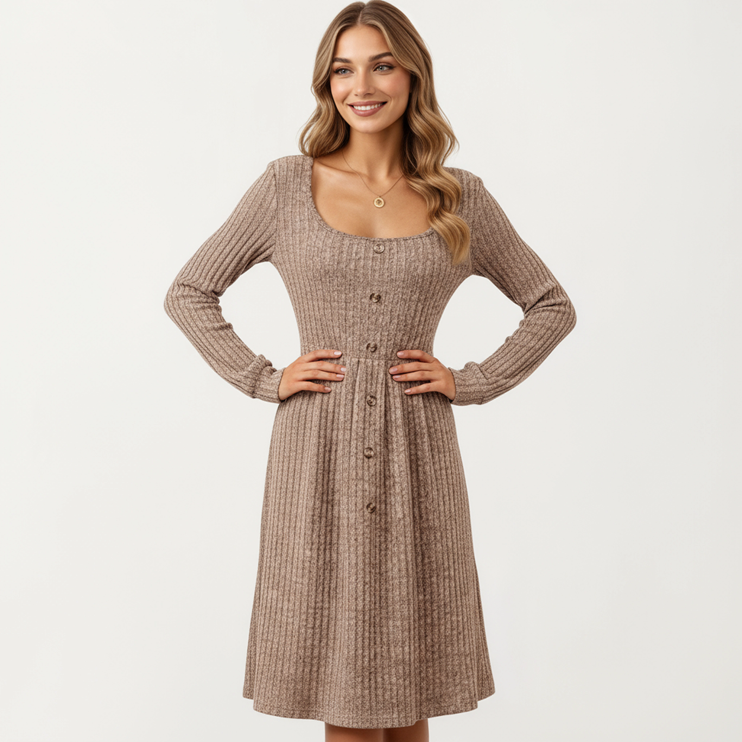 Anna-Kaci Women's Ribbed Knit A-Line Button Front Dress