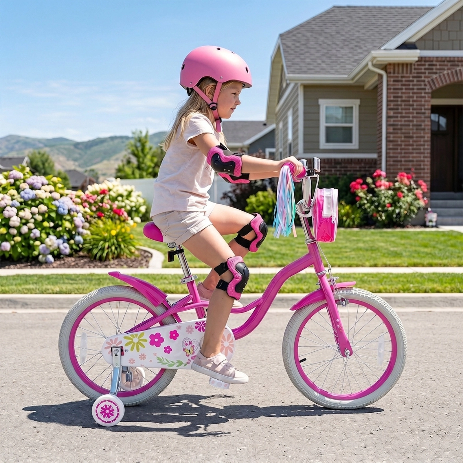 18-in Girls Bike with Front Bag Kickstand Streamers and Removable Training Wheels for Ages 4-8 Anti-Slip Grip Bicycle