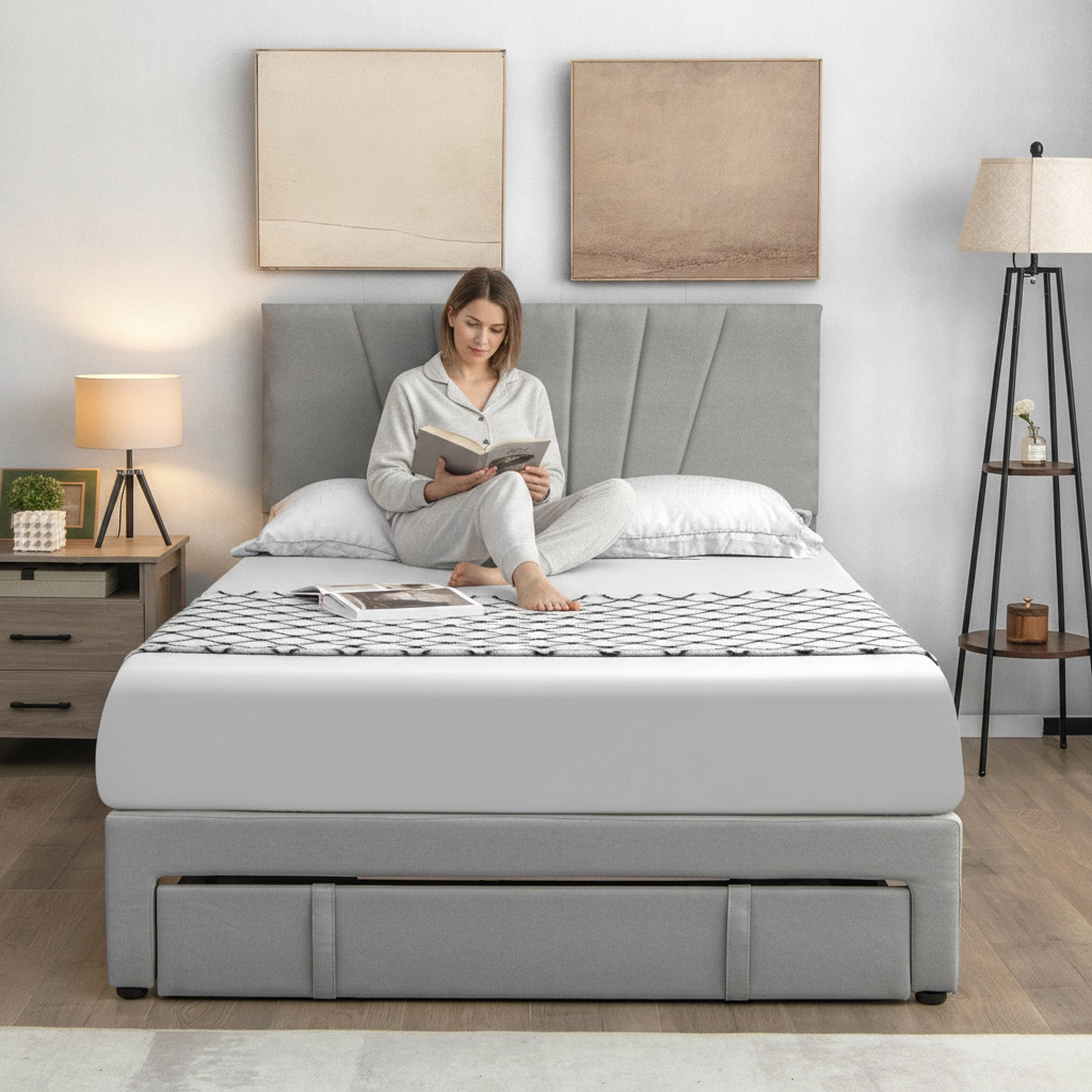 SUGIFT Queen Upholstered Platform Bed with Storage Drawer, Gray Linen Headboard