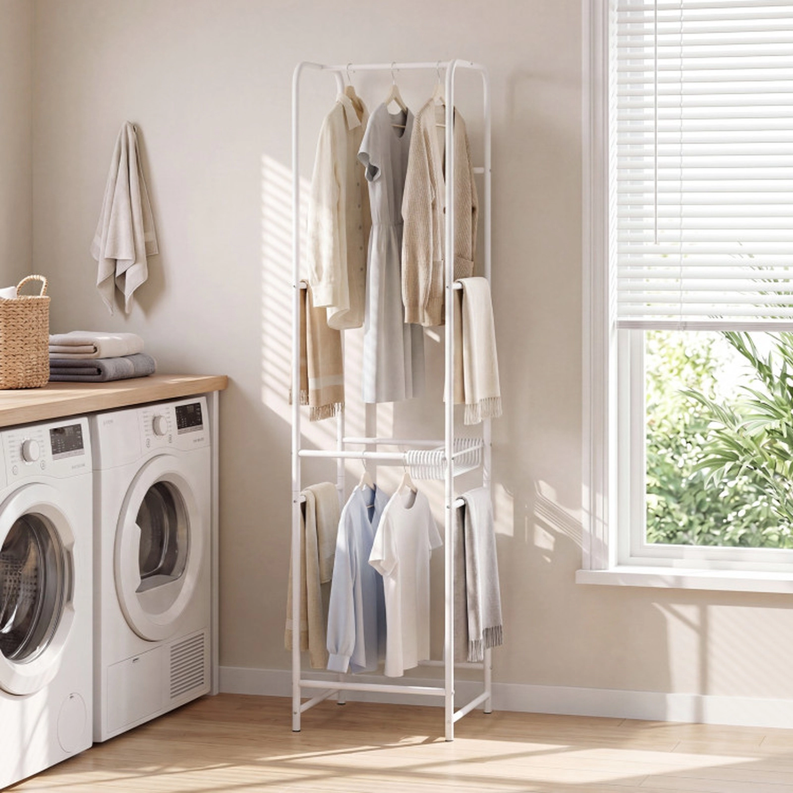 SUGIFT Slim Coat Rack White Freestanding Garment Organizer with 8 Hanging Rods