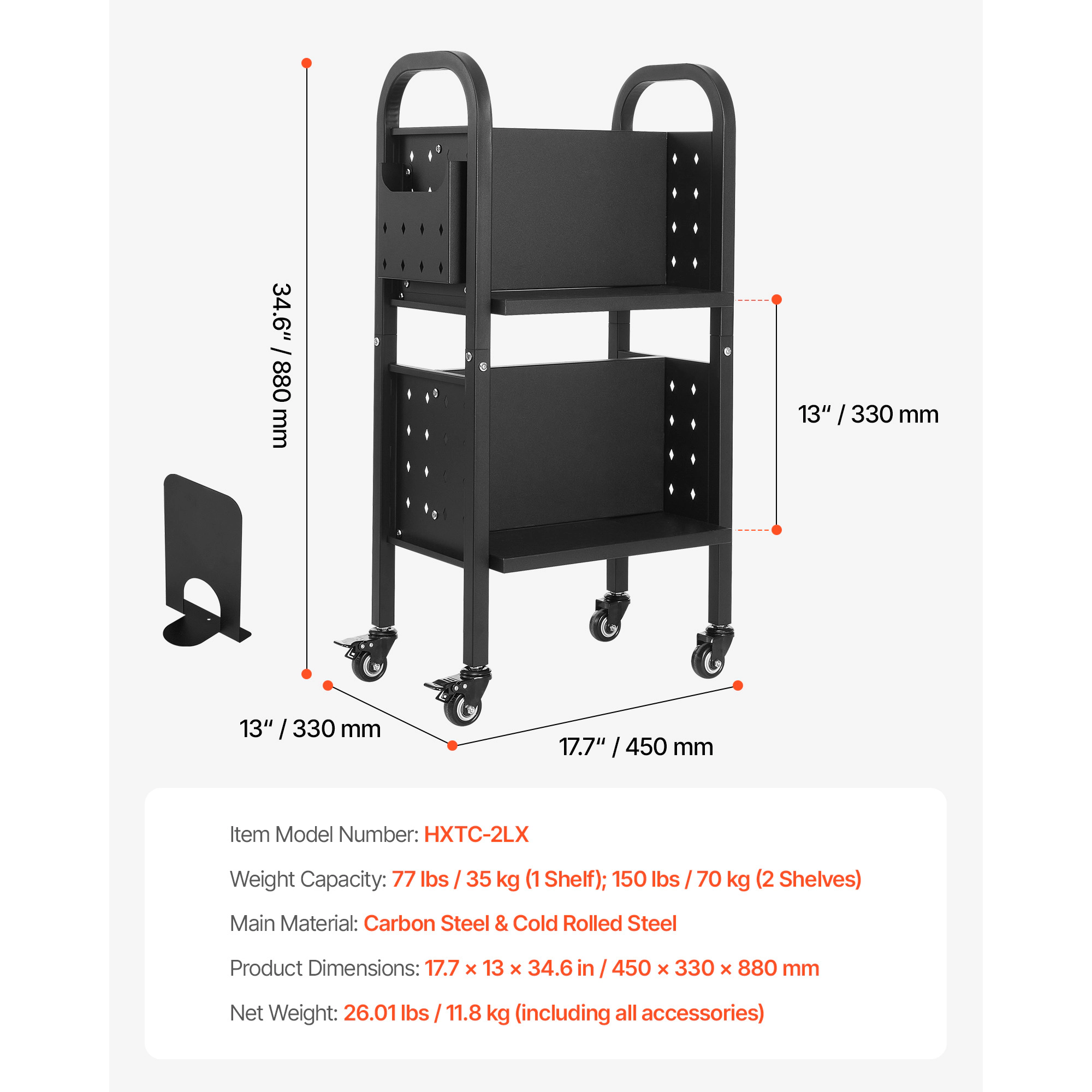 HONGGE Rolling Library Book Cart with L-Shaped Sided Shelves and Lockable Wheels for Home, Office, and School