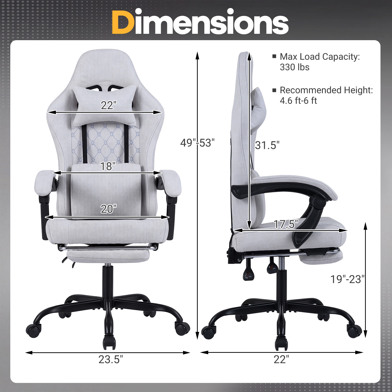 SUGIFT Gaming Chair Gray Height Adjustable Computer Chair with Headrest and Recline