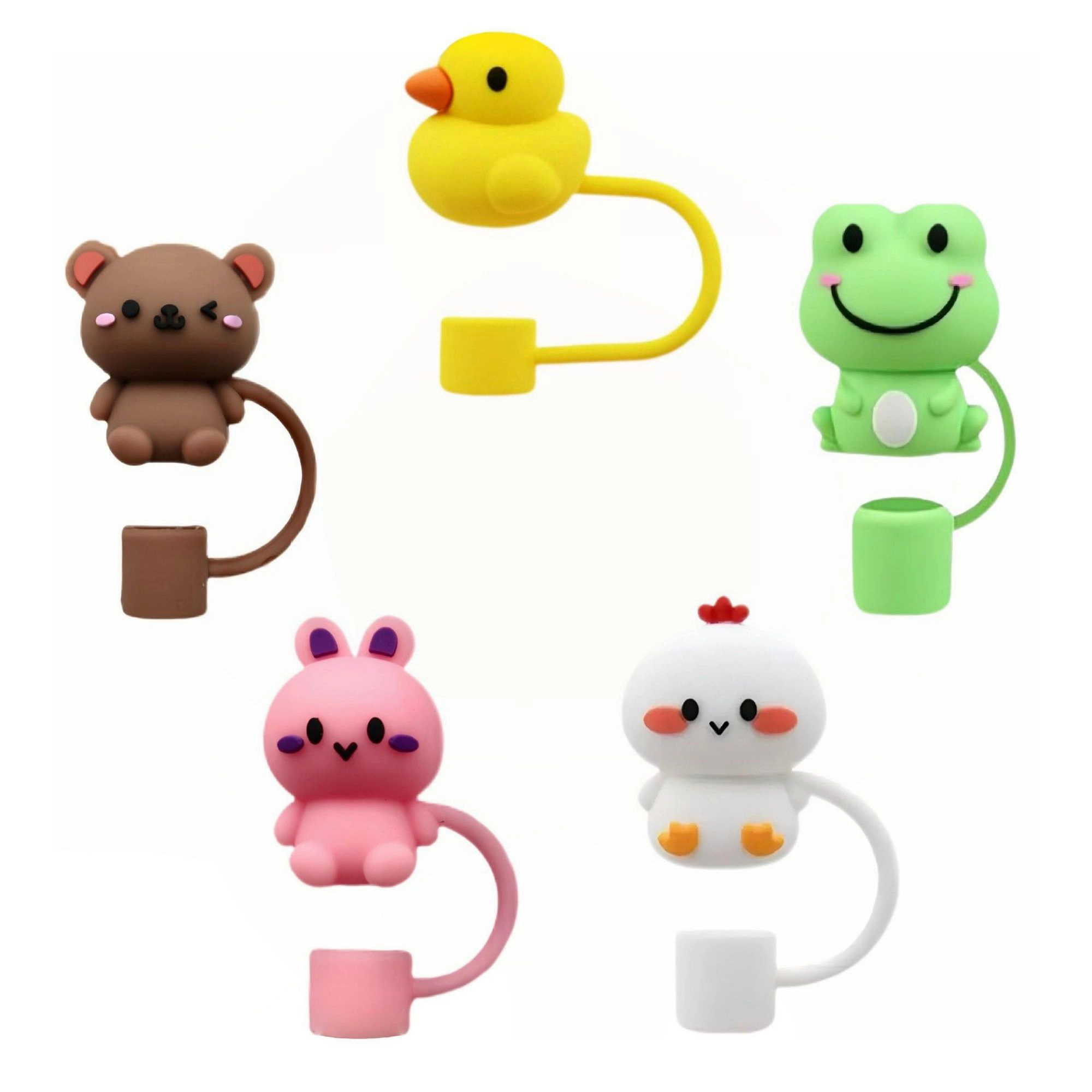 Alilang Unisex Animal Straw Cover Set 5 Pack Cute Silicone Tumbler Straw Caps Reusable Decorative Drink Accessories