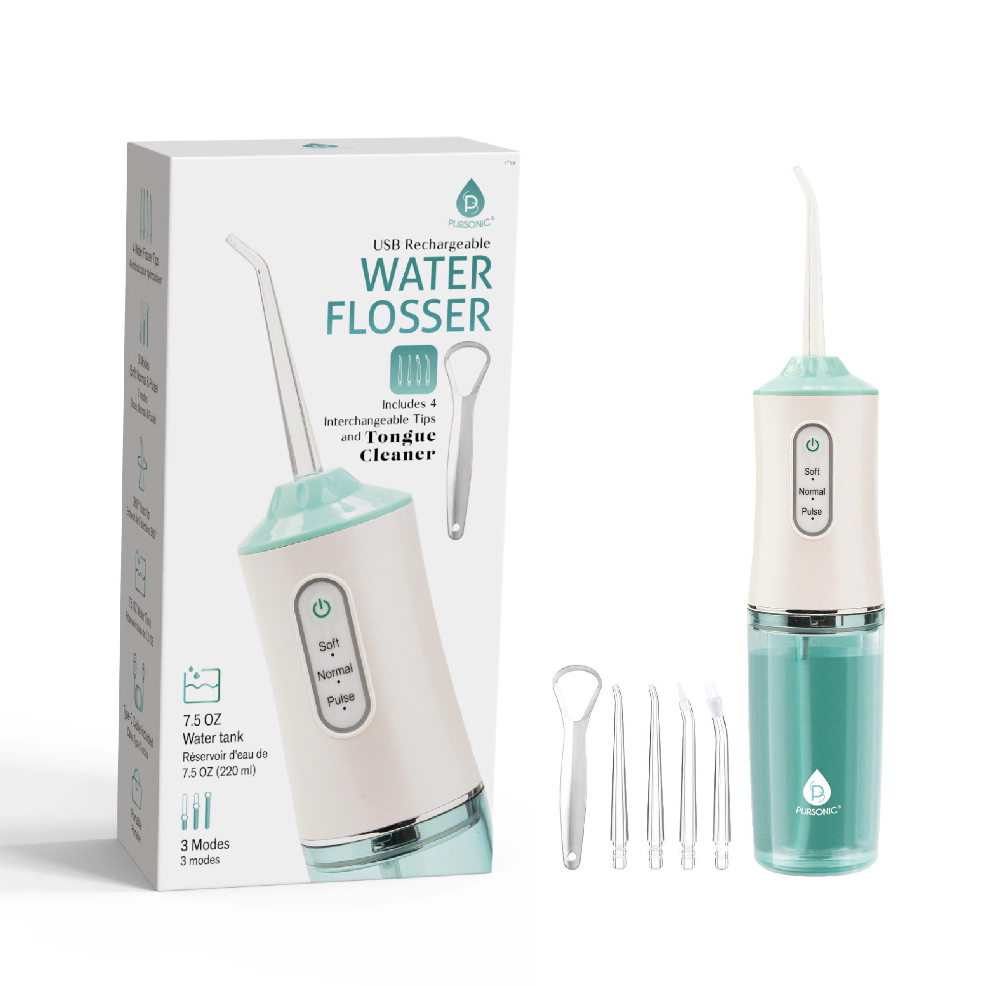 Pursonic USB Rechargeable Water Flosser with 4 Interchangeable Tips, Tongue Cleaner, 3 Cleaning Modes & Type-C Charging