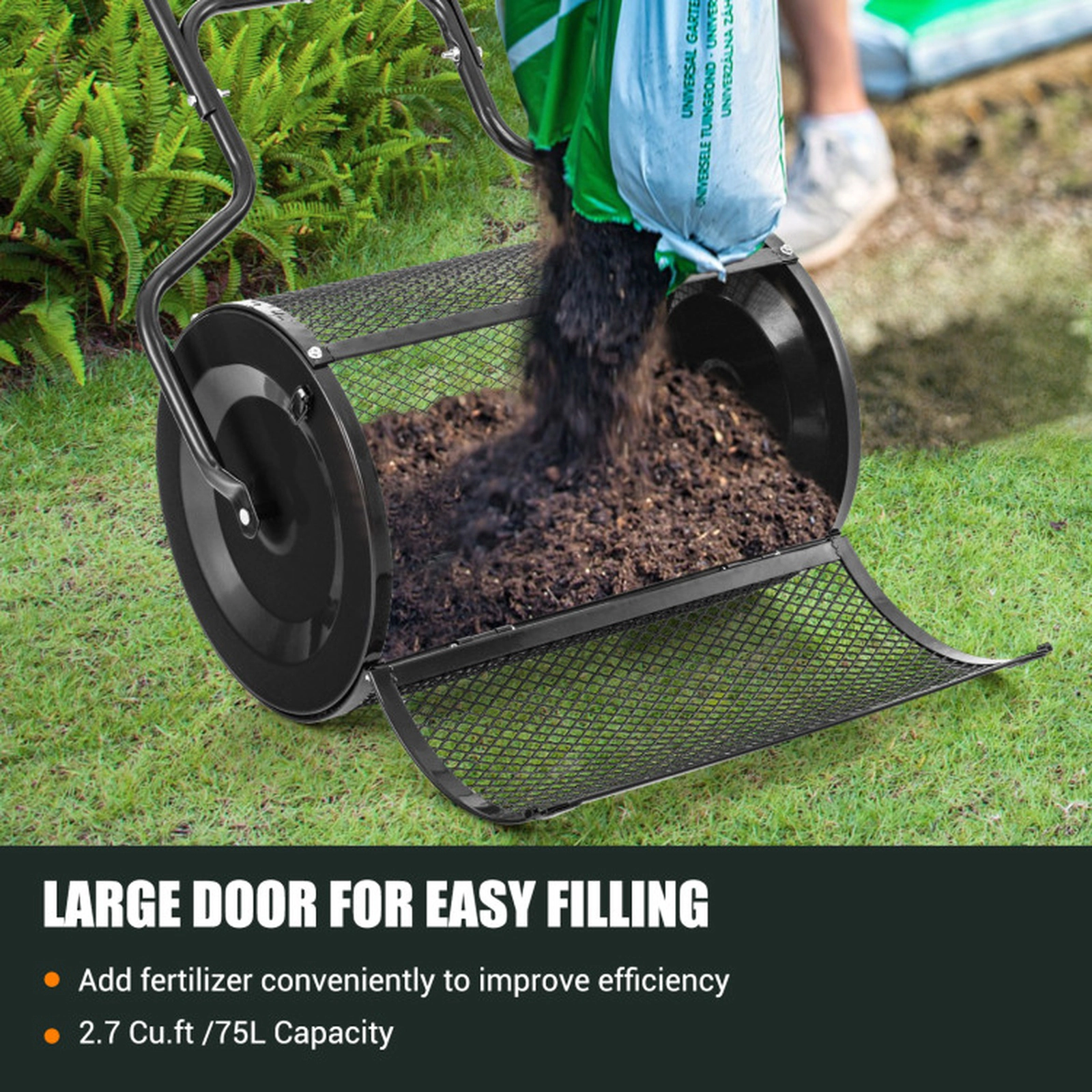 SUGIFT 24-in Mesh Drum Peat Moss Spreader with Upgraded Side Latches and U-Shape Handle 2.7 cu.ft Capacity Green Black