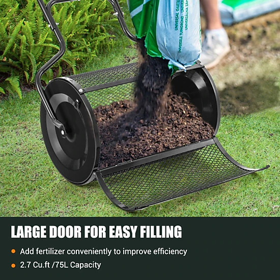 SUGIFT 24-in Mesh Drum Peat Moss Spreader with Upgraded Side Latches and U-Shape Handle 2.7 cu.ft Capacity Green Black