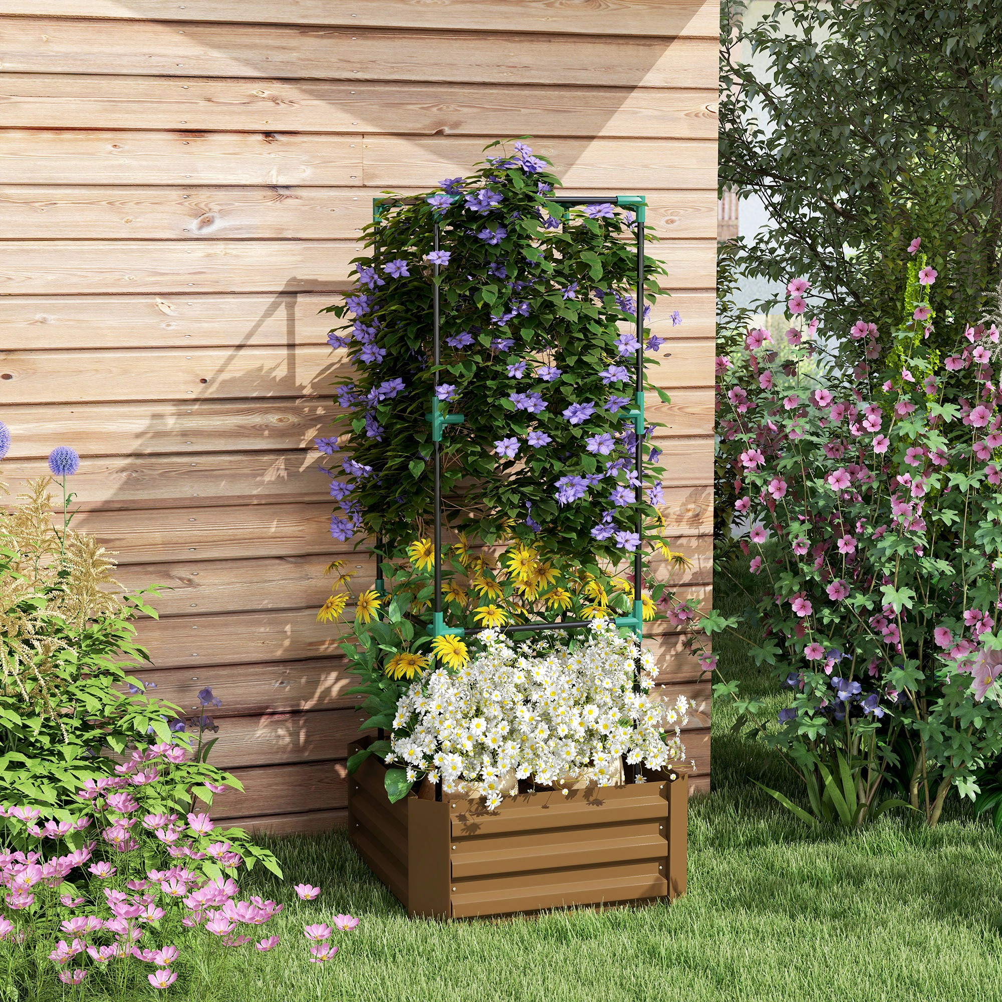 HONGGE Galvanized Planter Box 24" x 55" Raised Garden Bed with Tomato Cage for Climbing Vines