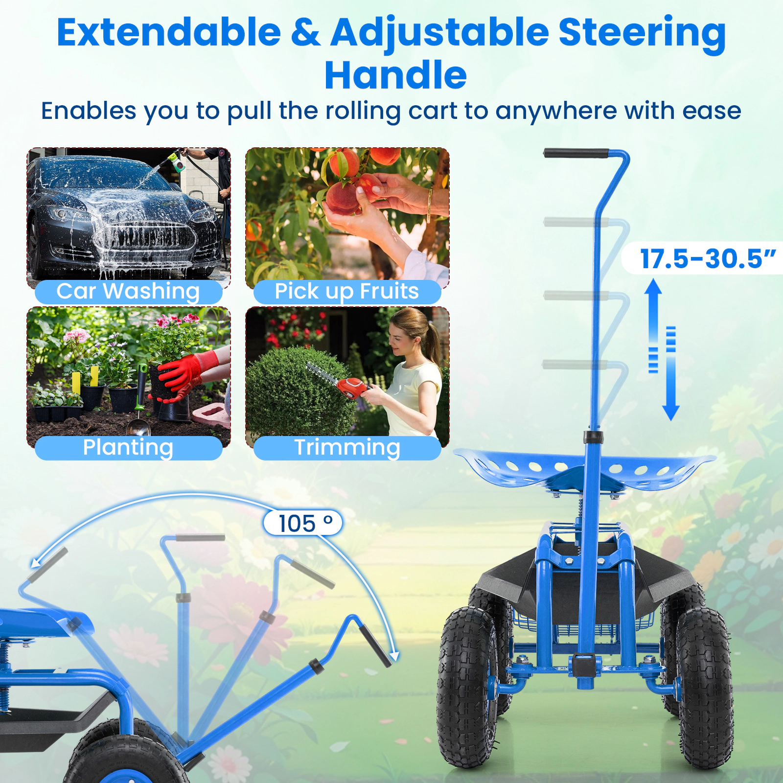 SUGIFT Adjustable Seat Extendable Handle Garden Cart Rolling Wagon Scooter 330-lb Capacity Blue