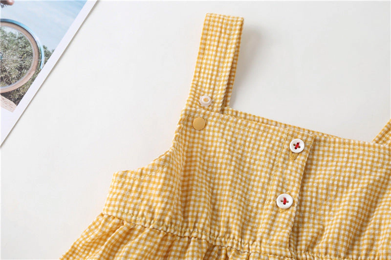 MyKids-USA Baby Girl Plaid Graphic Strawberries Embroidery Snap Button Jumpsuit & Solid Tee Sets