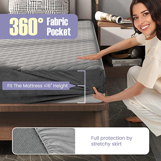 SUGIFT Breathable Velvet Polyester Mattress Topper Protector Queen 80 x 60-in Gray Non-Slip Bottom 16-in Deep Pocket