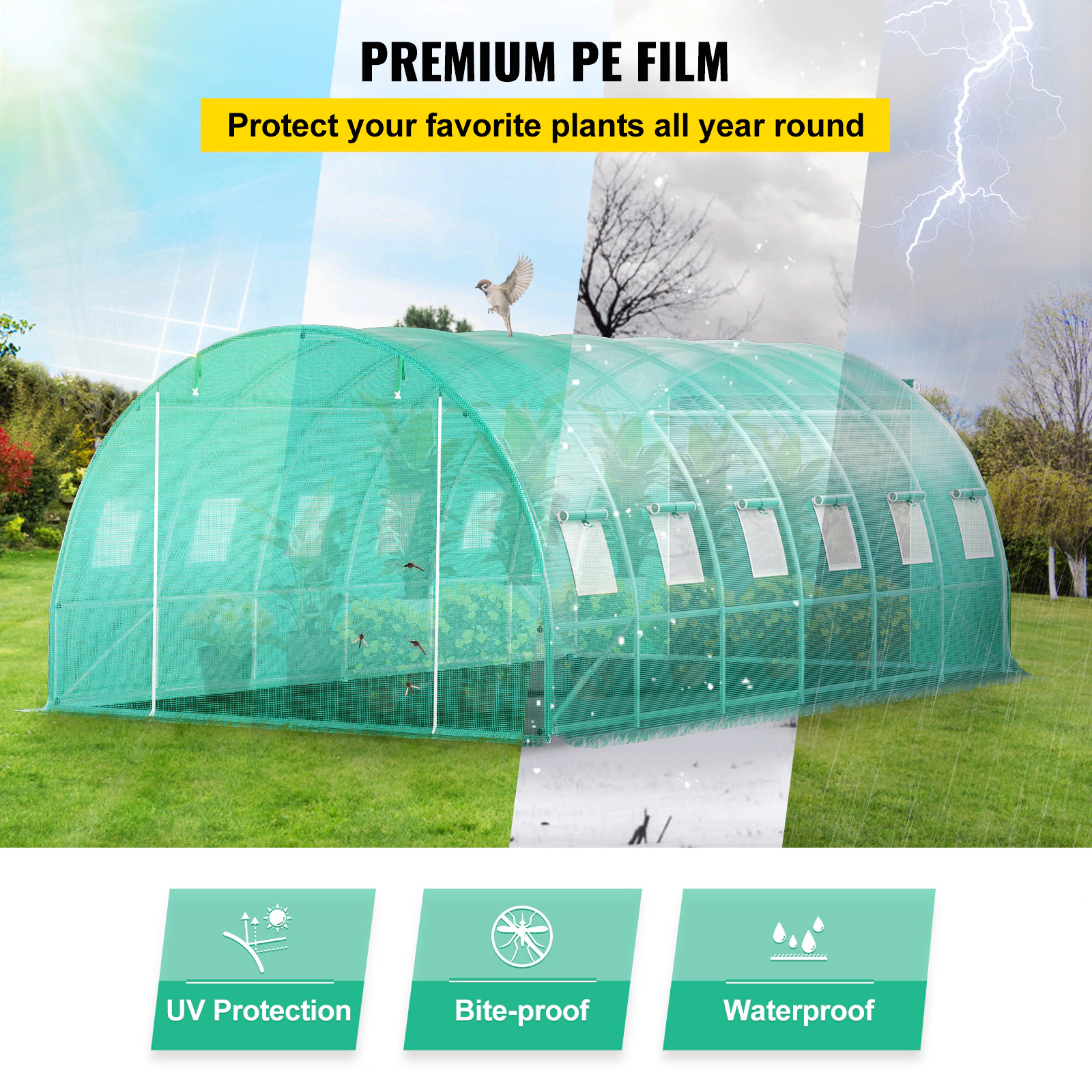 HONGGE Walk-In Tunnel Greenhouse 20 x 10 x 7 ft, Galvanized Steel Hoops, PE Cover, 2 Zippered Doors and 12 Mesh Windows