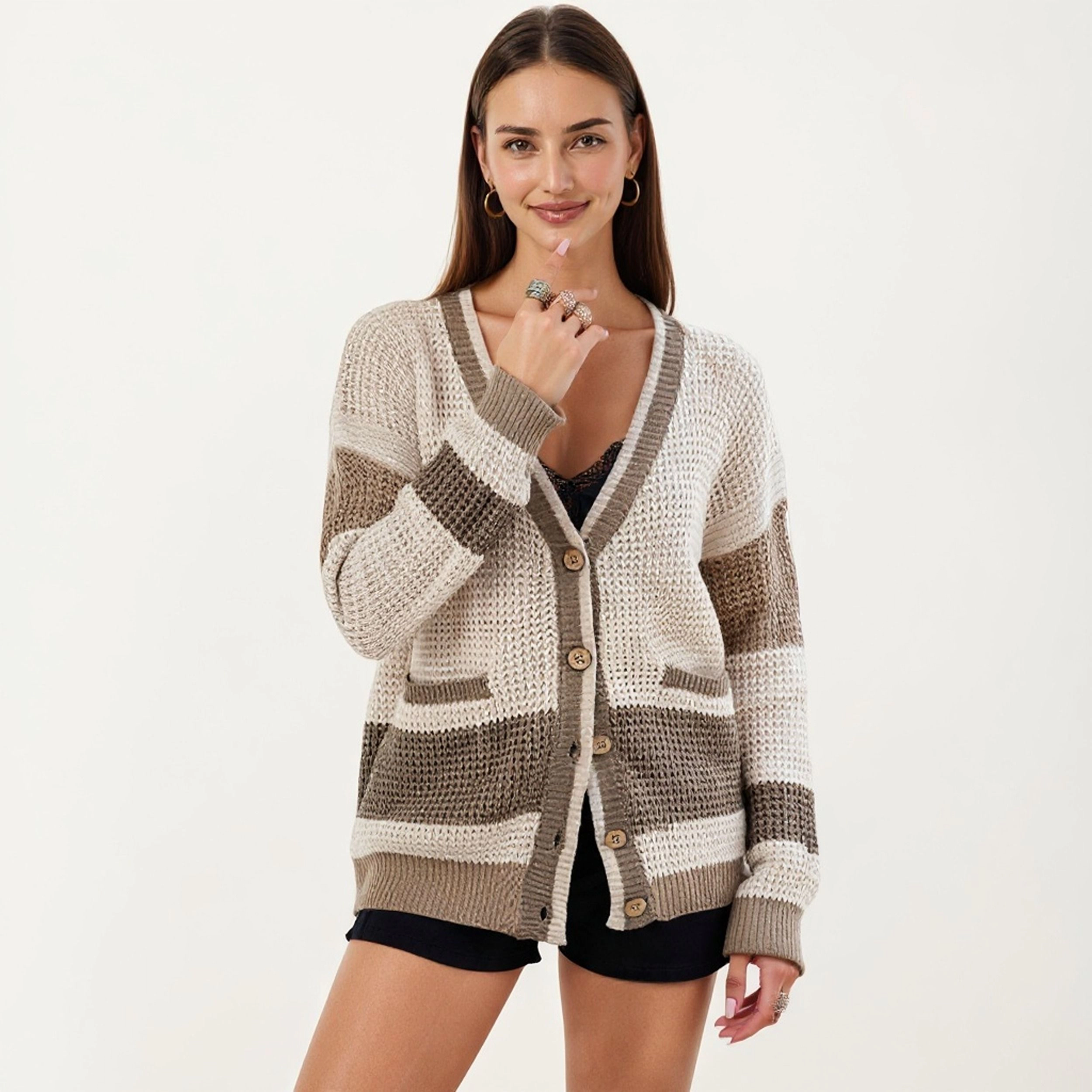 Anna-Kaci Women's Button Front Striped Knit Cardigan with Pockets and Relaxed Fit