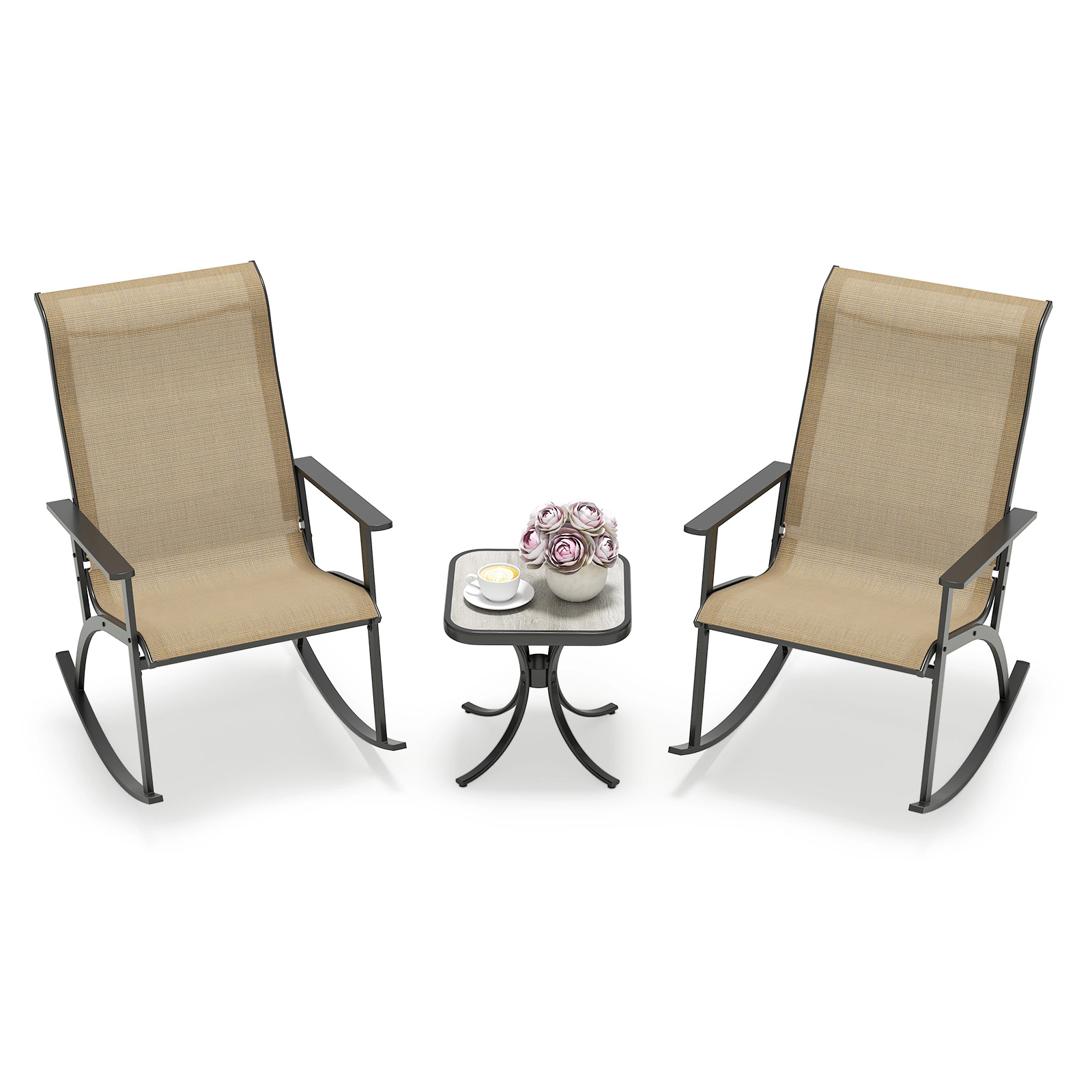 SUGIFT 3-Piece High-Back Outdoor Rocking Chair Set with Composite Side Table