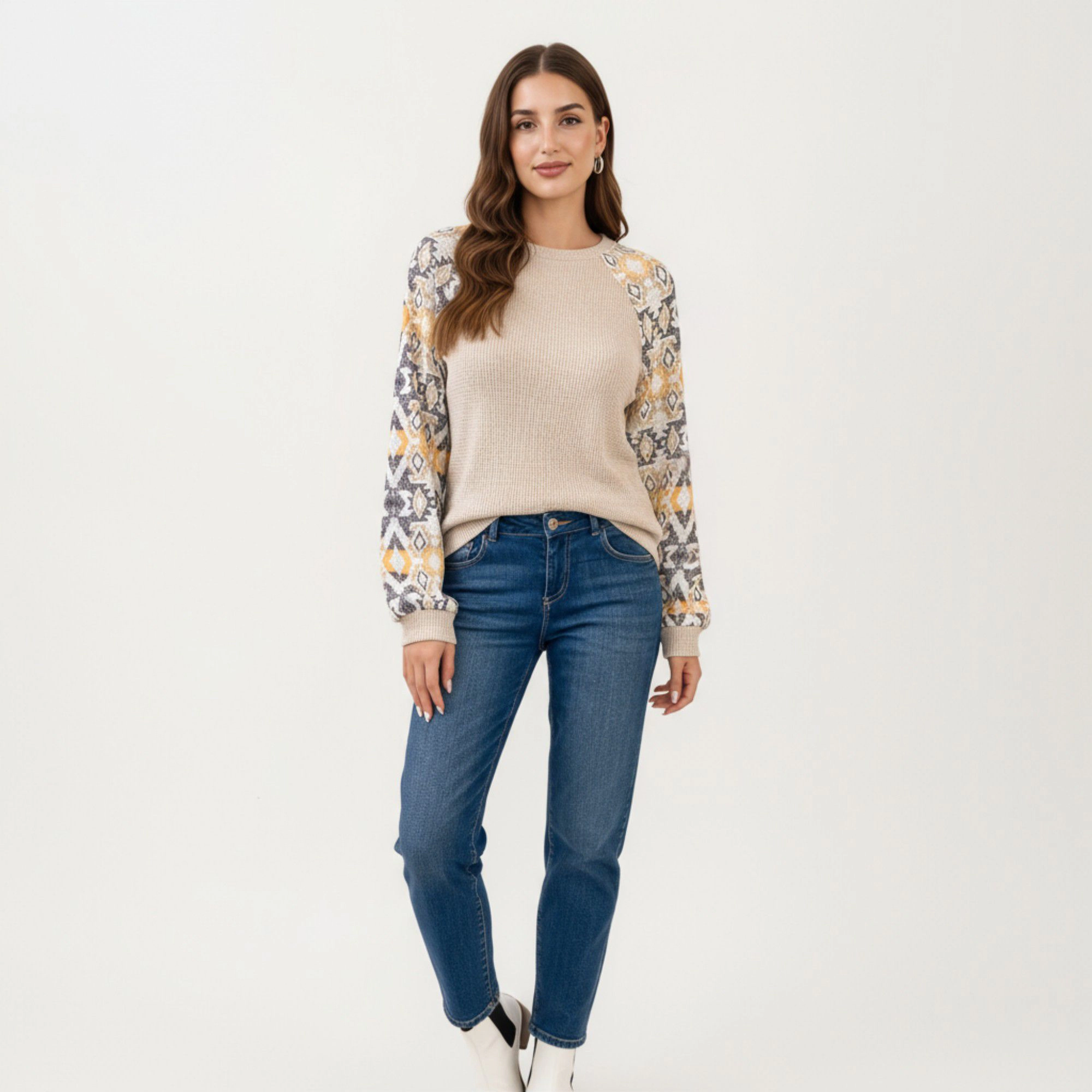 Anna-Kaci Women's Long Sleeve Knit Top with Geometric Pattern Sleeves Textured Body