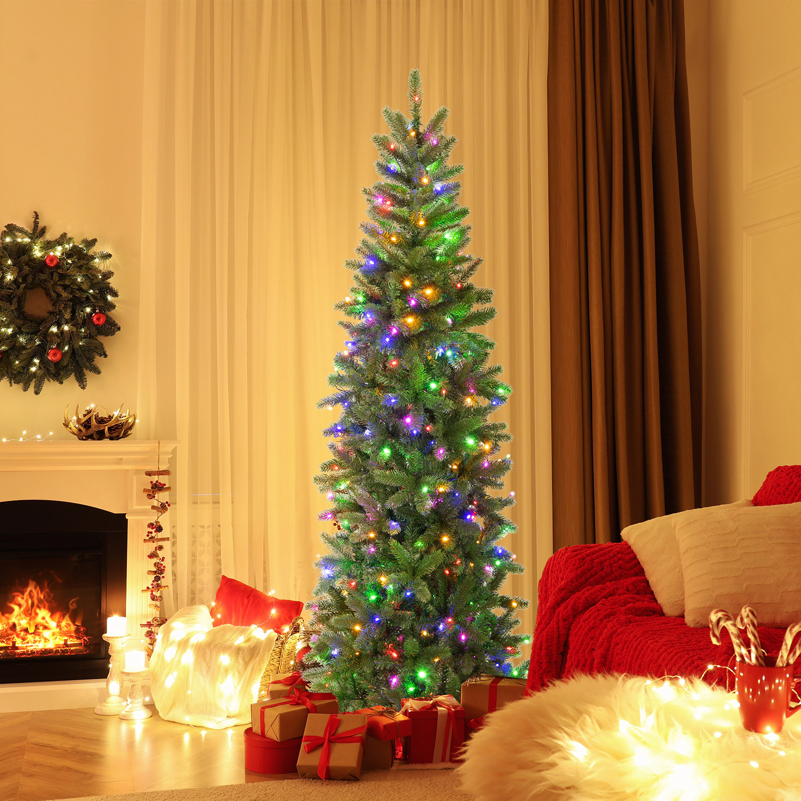 LJG 6 Feet Pre-Lit Artificial Christmas Pencil Tree with 648 PVC PE Branch Tips