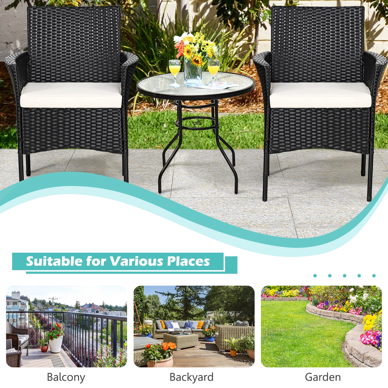 SUGIFT Black PE Rattan Cozy Seat Cushions Set of 2 Patio Wicker Armchairs