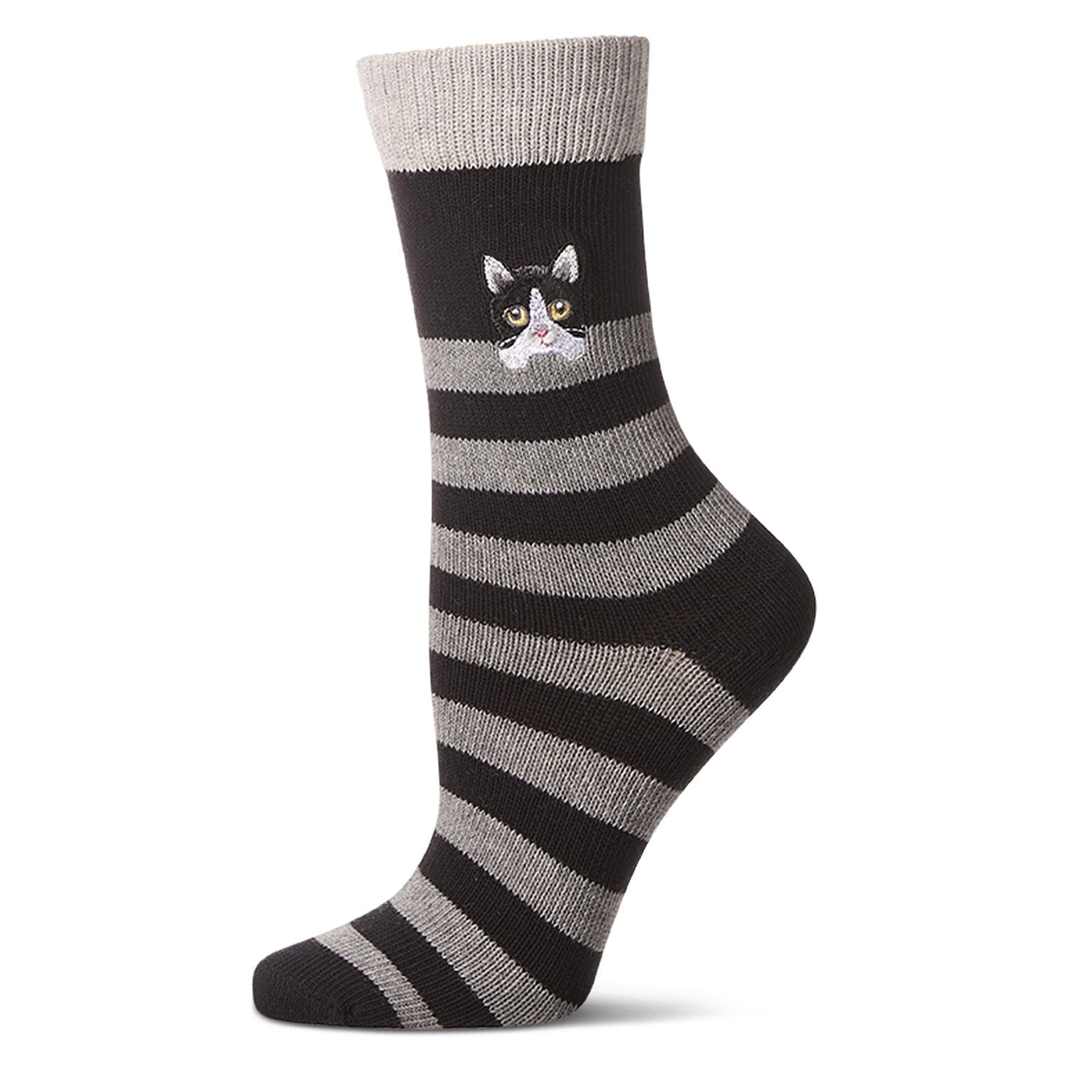 MeMoi Women's "Just Hanging" Striped Embroidered Cotton Rich Novelty Crew Socks
