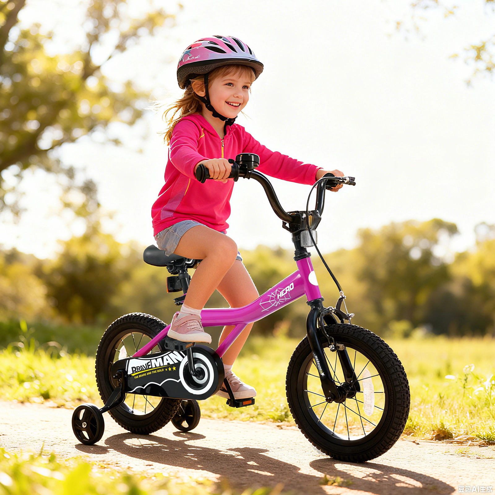 SUGIFT Adjustable Kids Bicycle 14-in Wheels Removable Training Wheels 110-lb Capacity Ages 3-5 Years Pink Brave Hero