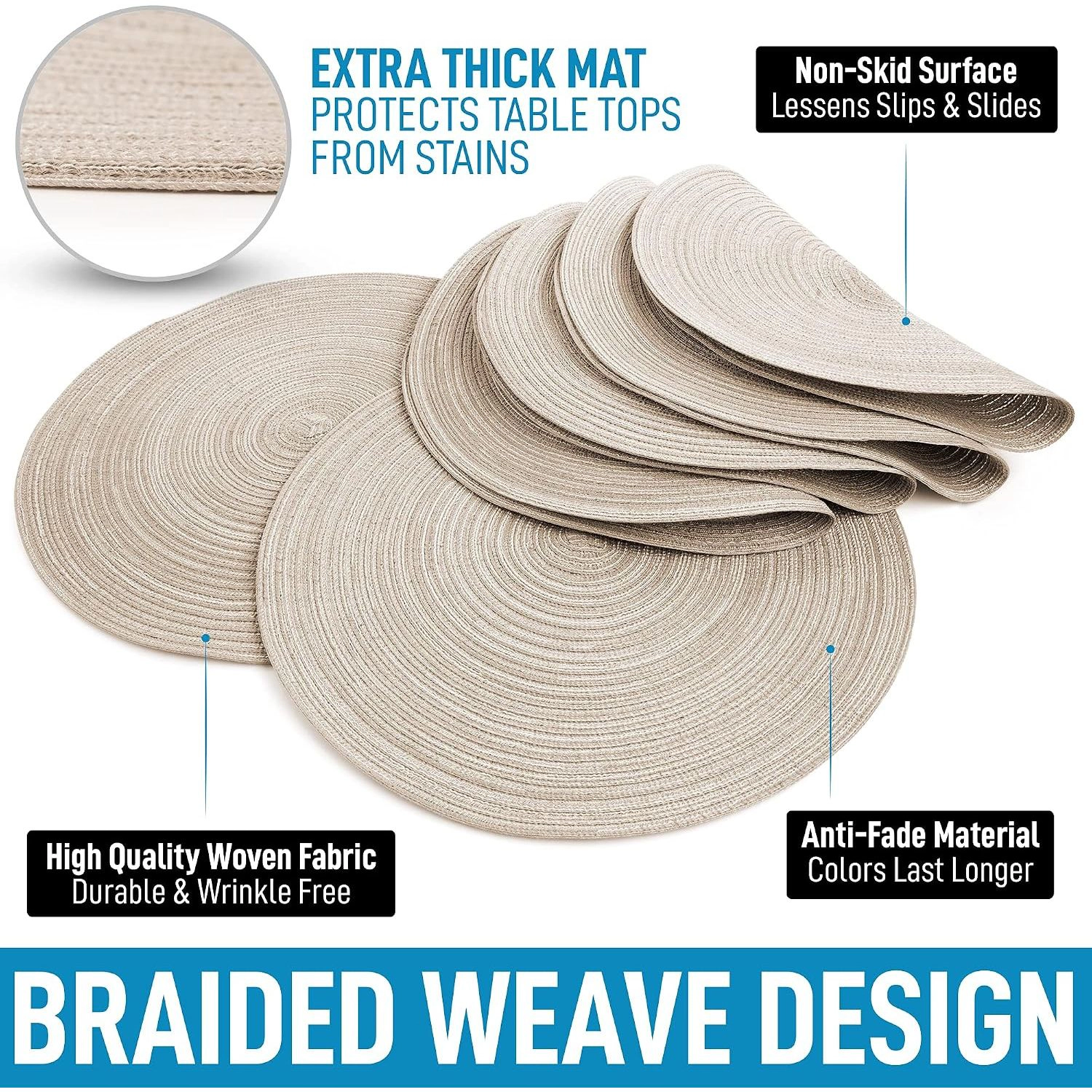 Zulay Kitchen 15 Inch Round Placemats for Dining Table Set of 6 - Braided & Anti-Skid Placemat