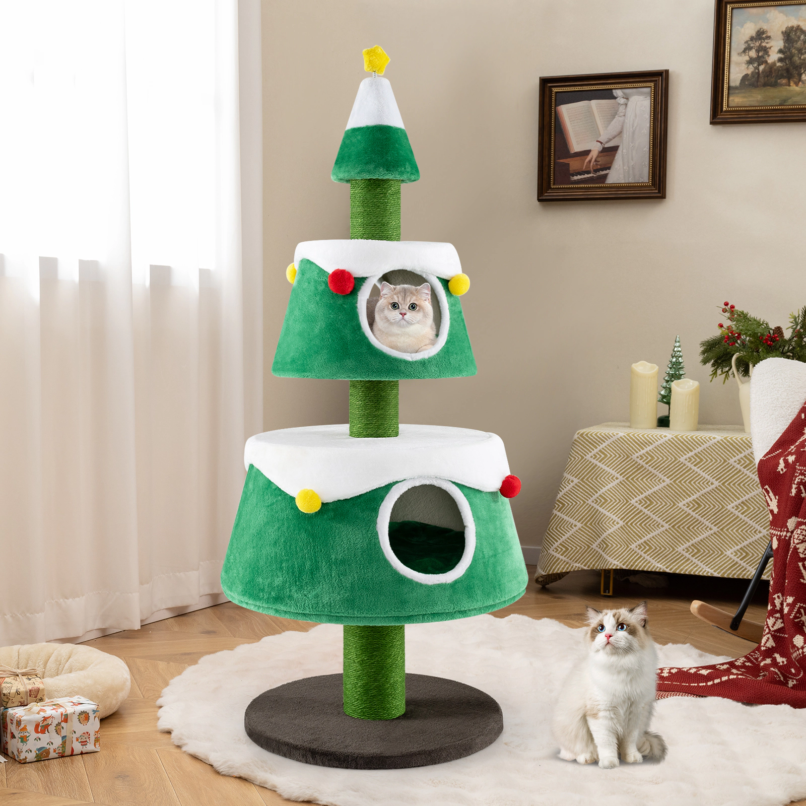 SUGIFT Green 60 in Christmas Cat Tree Holiday Tower with 2 Spacious Condos