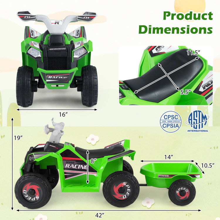Hivvago 6V Kids Electric ATV Quad Car with Detachable Trailer