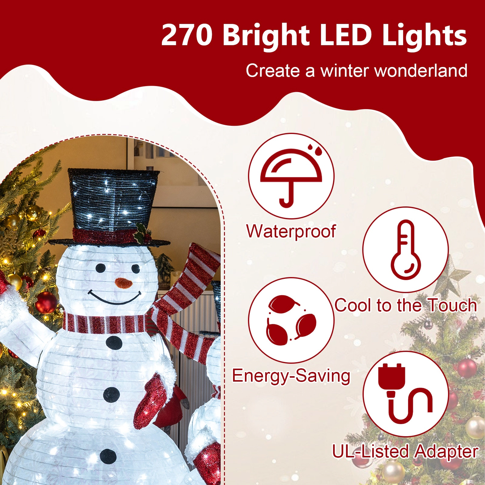 SUGIFT 3-Piece Pre-Lit 3D Snowman Family Set with 270 LED Lights Top Hats Scarves and Ground Stakes