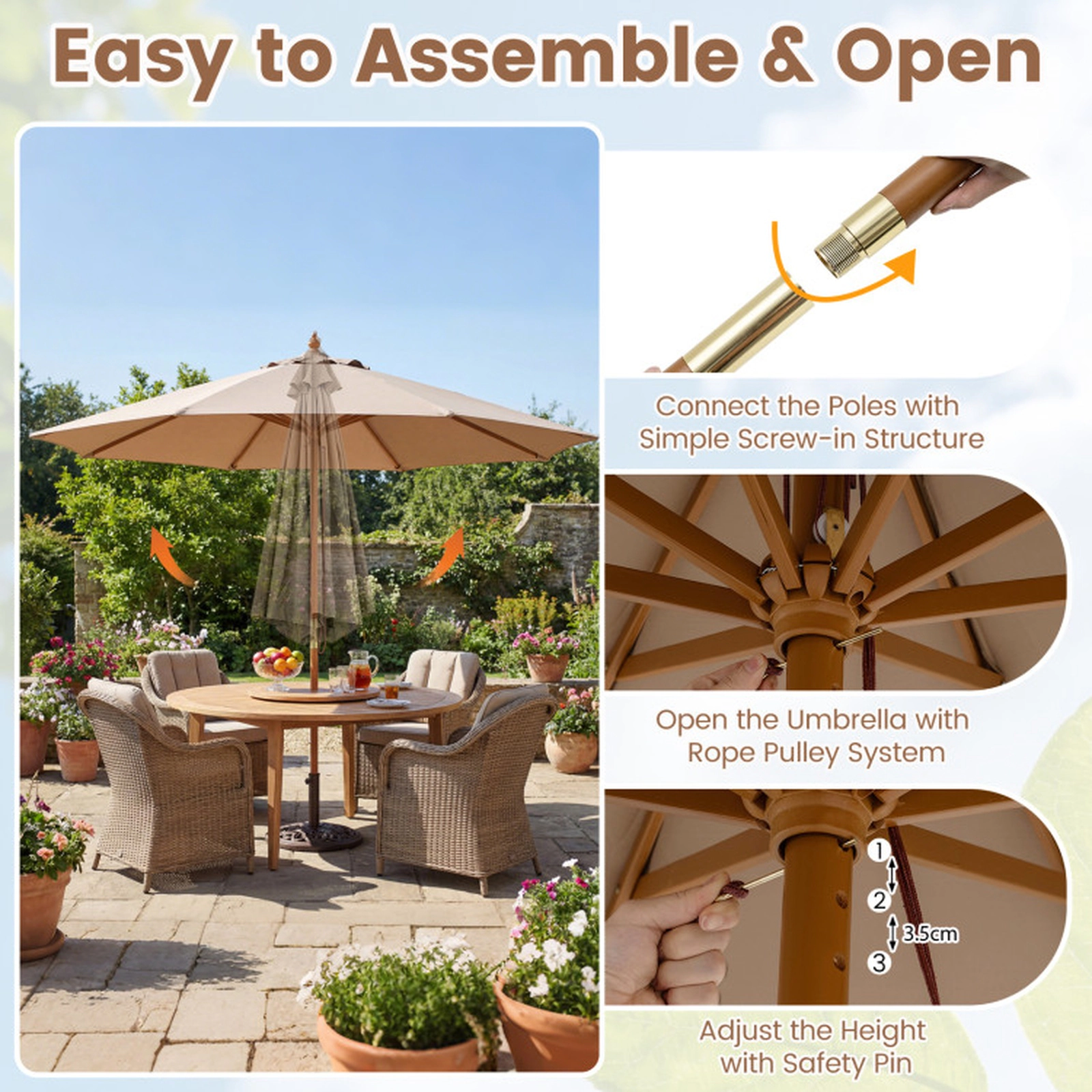 SUGIFT 9-ft Brown Bamboo Market Patio Umbrella, 8-Rib Outdoor Table Umbrella with Air Vent and Safety Latch