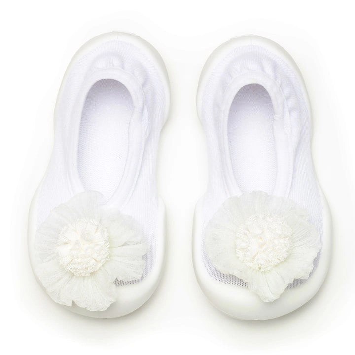 Toddler Breathable Washable Non-Slip Sock Shoes Flat - Pompom Flower White