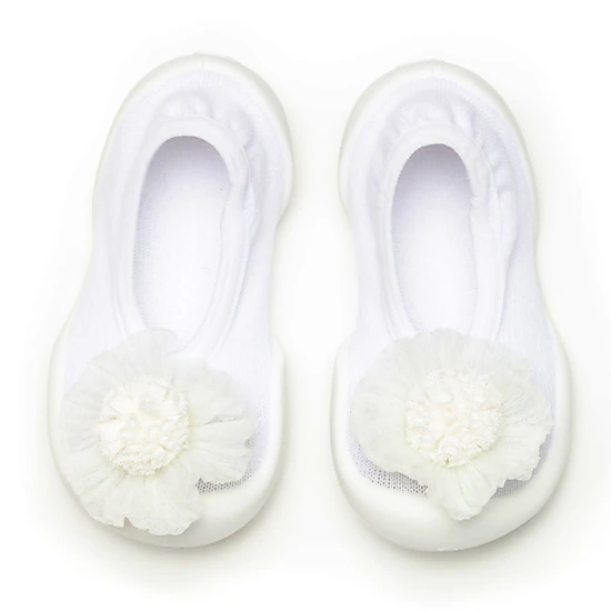 Toddler Breathable Washable Non-Slip Sock Shoes Flat - Pompom Flower White