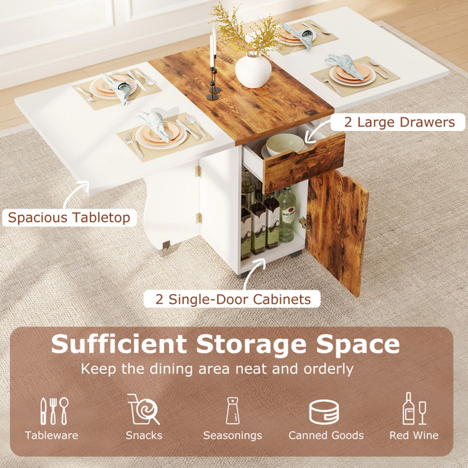 SUGIFT 63-in 3-in-1 Folding Dining Table, Rolling Kitchen Island with Storage
