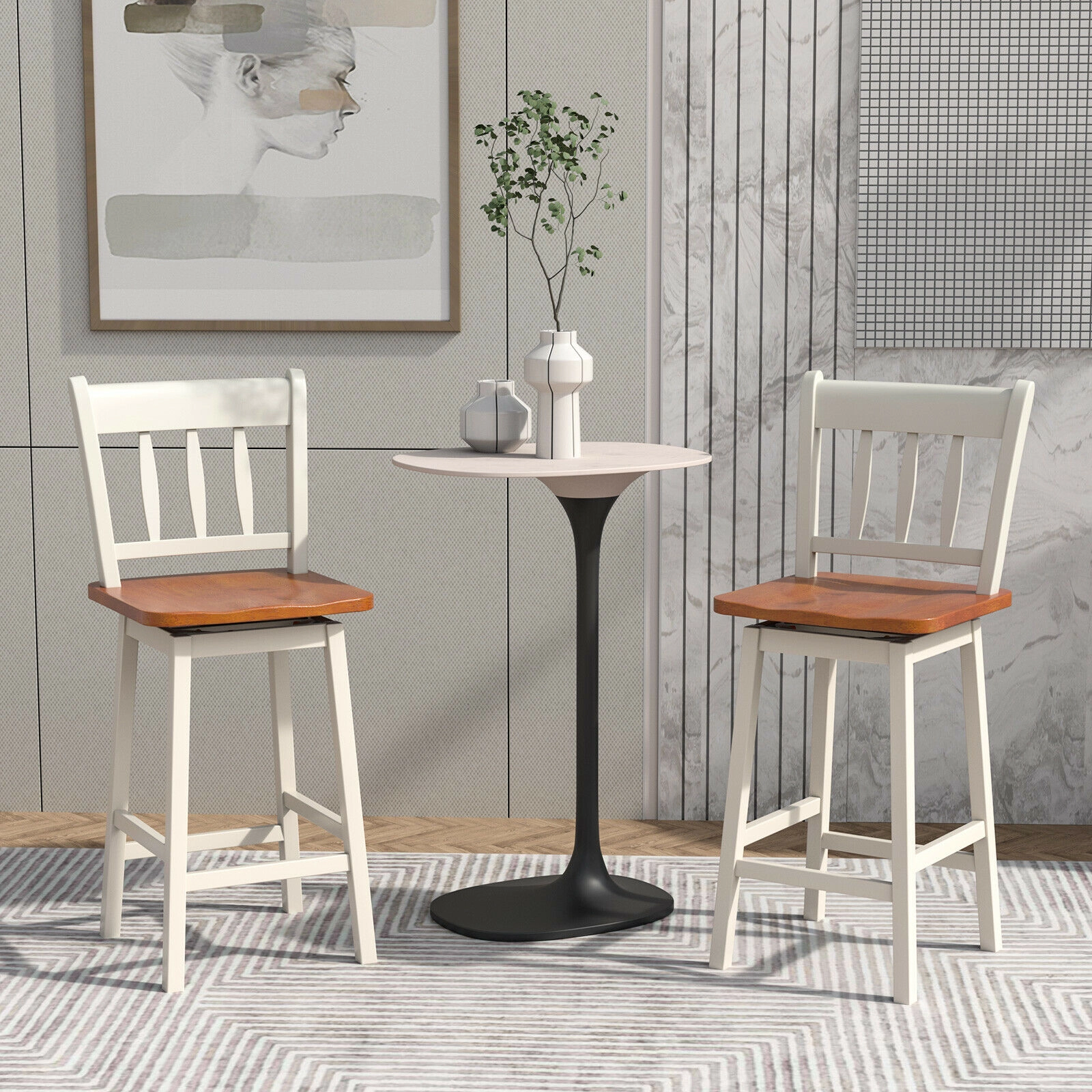 SUGIFT Set of 2 White 24.5-Inch Solid Rubberwood Counter-Height Swivel Bar Stools with Footrests