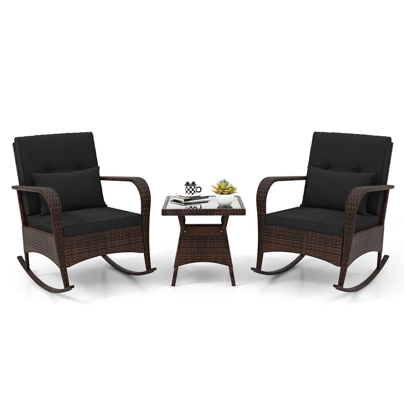Hivvago 3 Piece Outdoor Rocking Set with Tempered Glass Coffee Table for Backyard Poolside