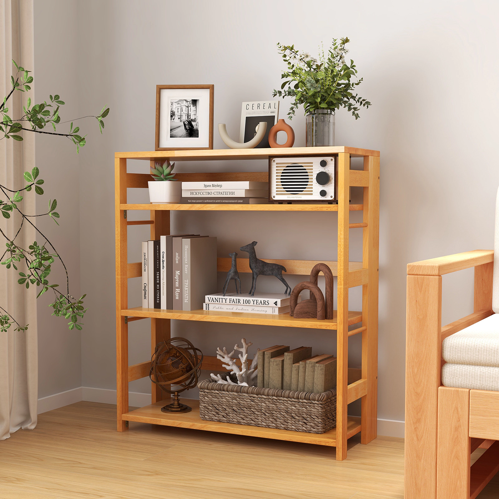 Hivvago 4-Tier Bookshelf Rubber Wood Bookcase with Side Fences for Living Room