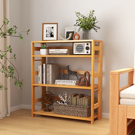 Hivvago 4-Tier Rubber Wood Bookshelf with Side Fences for Living Room