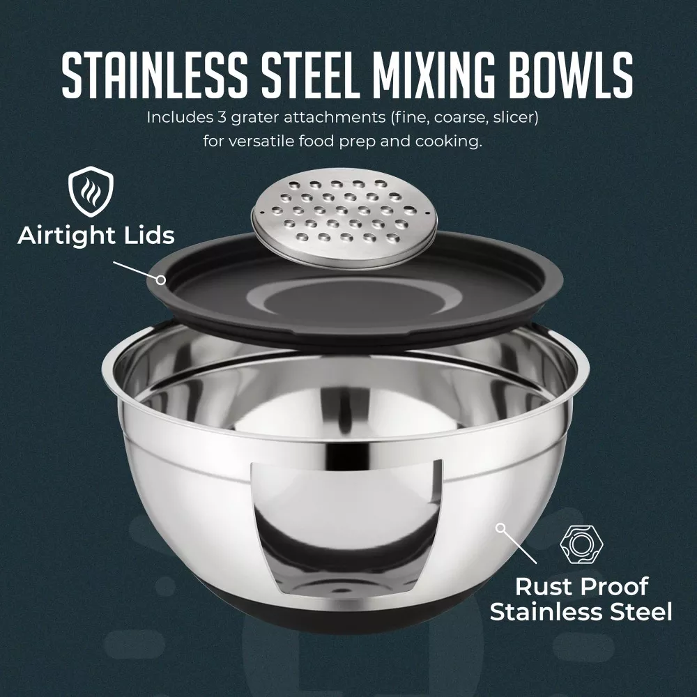Luminuxe 12 Piece Kitchen Mixing & Measuring Set, Stainless Steel Mixing Bowl with Lids and Nesting Magnetic Spoons